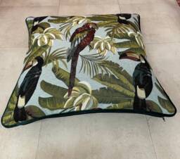 Handmade Toucan & Parrot Cushion Tropical Green Velvet Pillow - thumbnail 1