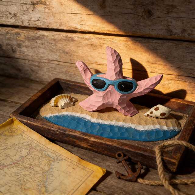 Whimsical Pink Starfish Wood Carving, Beach House Decor, Sunglasses Figurine, Coastal Shelf Unique Summer Lover Gift - image 1