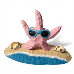Whimsical Pink Starfish Wood Carving, Beach House Decor, Sunglasses Figurine, Coastal Shelf Unique Summer Lover Gift - thumbnail 3