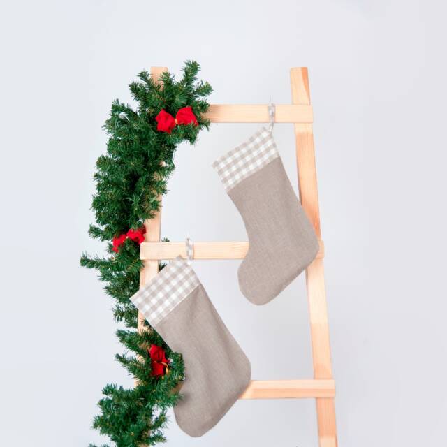 Natural Linen Christmas Stocking With Checkered Cuff - image 1