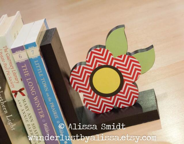 Custom Designed Wooden Flower Bookends - Created To Coordinate With Your Decor Or Nursery Letters - Red, Black, Polka Dot, Chevron - image 1