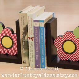 Custom Designed Wooden Flower Bookends - Created To Coordinate With Your Decor Or Nursery Letters - Red, Black, Polka Dot, Chevron - thumbnail 2