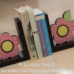 Custom Designed Wooden Flower Bookends - Created To Coordinate With Your Decor Or Nursery Letters - Red, Black, Polka Dot, Chevron - thumbnail 3