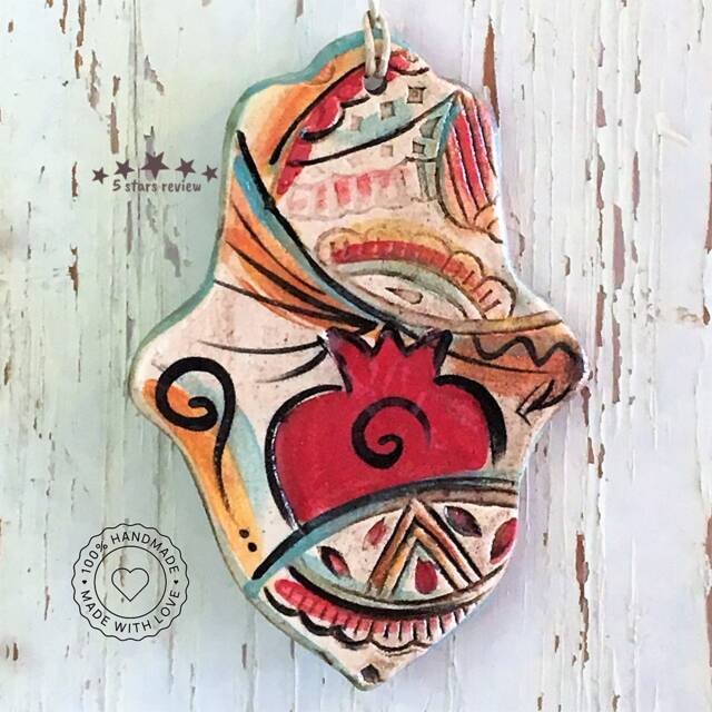 Ceramic Hand Made Hamsa, Israeli Wall Hanging, Bless This Home Ornament Decorated With Pomegranate - image 1