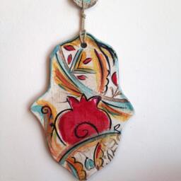 Ceramic Hand Made Hamsa, Israeli Wall Hanging, Bless This Home Ornament Decorated With Pomegranate - thumbnail 2