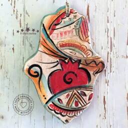Ceramic Hand Made Hamsa, Israeli Wall Hanging, Bless This Home Ornament Decorated With Pomegranate