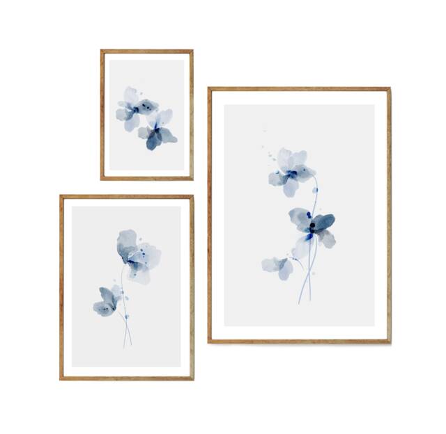 Set Of 3 Unframed Blue Watercolour Floral Prints. Art For Home, Contemporary Trio Prints, Home Wall Decor - image 1