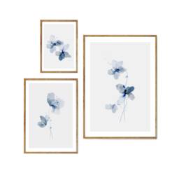 Set Of 3 Unframed Blue Watercolour Floral Prints. Art For Home, Contemporary Trio Prints, Home Wall Decor - thumbnail 1