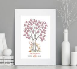 A4 Christening/Naming Day Unframed Fingerprint Tree With Woodland Animals - Supplied With Inkpad Guest Book Alternative Baby Keepsake - thumbnail 1