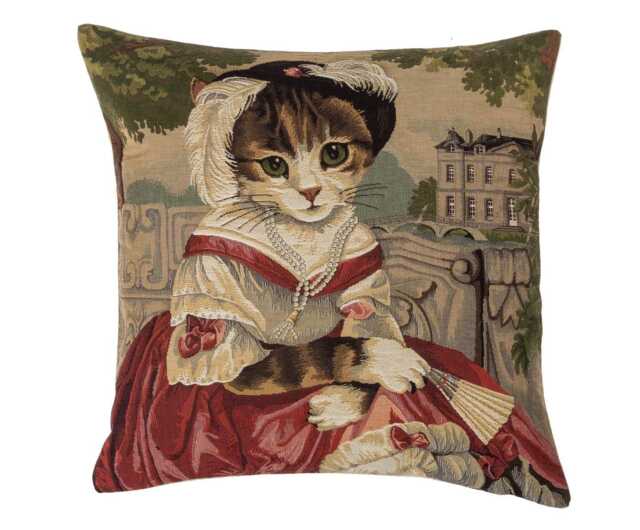 Victorian Cat Portrait Pillow Cover Belgian Tapestry Cushion - 18x18 - image 1