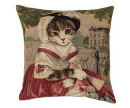 Victorian Cat Portrait Pillow Cover Belgian Tapestry Cushion - 18x18 - thumbnail 1