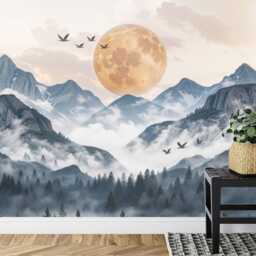 Wallpaper, Japanese Mountains Sunset Wall Mural - Birds, Forest, Clouds Peel & Stick - thumbnail 3