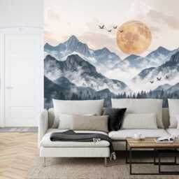 Wallpaper, Japanese Mountains Sunset Wall Mural - Birds, Forest, Clouds Peel & Stick - thumbnail 2