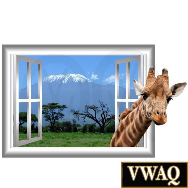 Safari Window Wall Decal - 3D Giraffe & Kilimanjaro View Peel Stick African Vinyl Art - Vwaq-An1