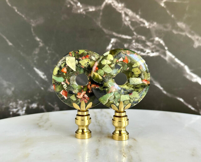 Tutti Frutti Lamp Finials in Chrysoprase & Sea Sediment Jasper On Solid Brass Hardware - A Matching Pair Of Green Stone Toppers - image 1