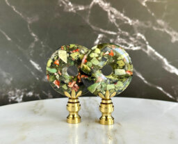 Tutti Frutti Lamp Finials in Chrysoprase & Sea Sediment Jasper On Solid Brass Hardware - A Matching Pair Of Green Stone Toppers - thumbnail 1