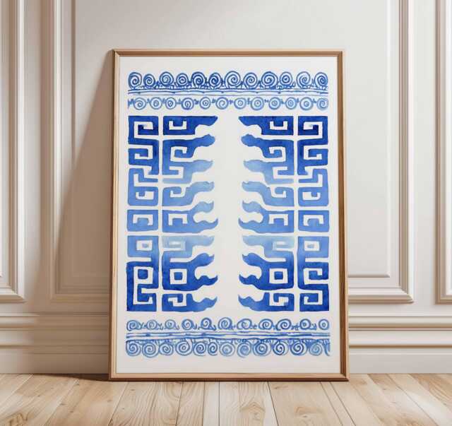 Blue Greek Pattern Art Print, Wall Art, Hellenic Geometric Poster, Mediterranean Decor, Ancient Greece Inspired Print - image 1