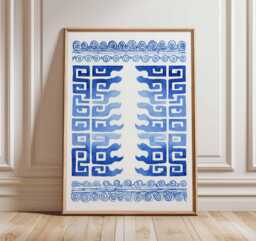 Blue Greek Pattern Art Print, Wall Art, Hellenic Geometric Poster, Mediterranean Decor, Ancient Greece Inspired Print - thumbnail 1