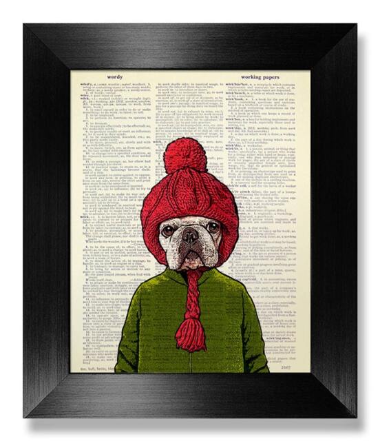 French Bulldog Art, Children Art Print, Bathroom Kids Room Decor, Bedroom Wall Illustration Painting Poster, Crochet Earflap Hat Dog