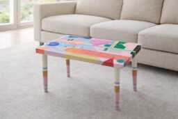 Handmade Boho Epoxy Resin Side Table, Pink Blue Abstract Colorful Art - thumbnail 1
