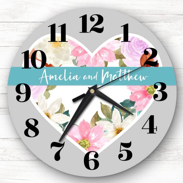 Couple Heart Flowers Anniversary Birthday Valentine's Gift Personalised Clock - image 1