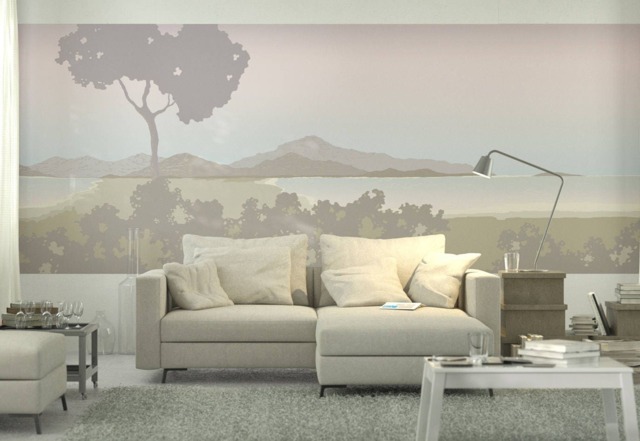 Vista Collection Sunrise. French Designer Boutique Wall Mural Art. Romantic Calm Tranquil Lake Shore Mountains, Elegant Neutral Palette - image 1