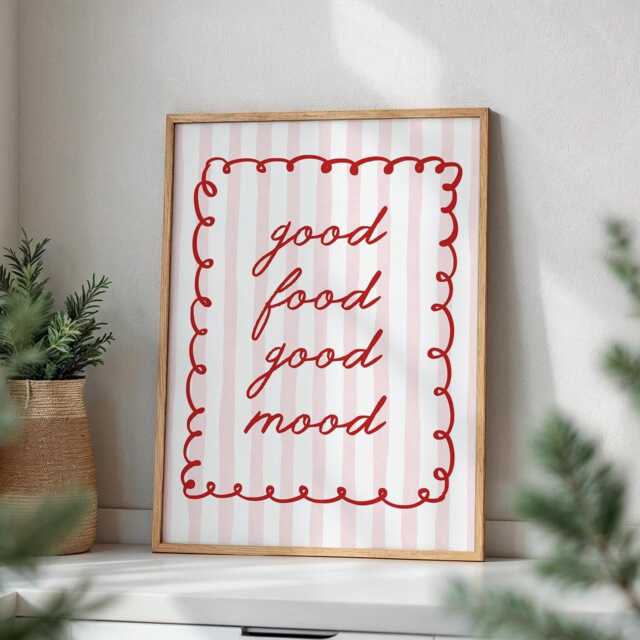 Good Food Mood Red Stripe Kitchen Wall Print, Retro Art Postive Quote Poster, Striped Aesthetic Decor - image 1