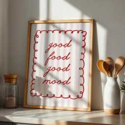 Good Food Mood Red Stripe Kitchen Wall Print, Retro Art Postive Quote Poster, Striped Aesthetic Decor - thumbnail 2