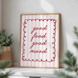 Good Food Mood Red Stripe Kitchen Wall Print, Retro Art Postive Quote Poster, Striped Aesthetic Decor - thumbnail 1