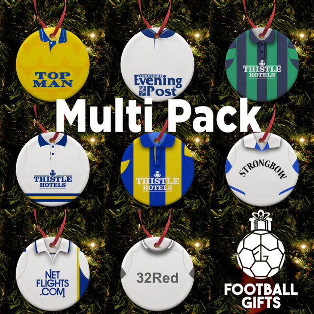 Leeds United Retro Shirts Kits Christmas Tree Decoration Bauble Flat Ceramic Great Gift Utd Multi Pack Of 4 Or 8 - image 1