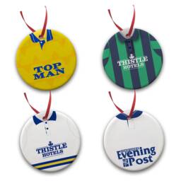 Leeds United Retro Shirts Kits Christmas Tree Decoration Bauble Flat Ceramic Great Gift Utd Multi Pack Of 4 Or 8 - thumbnail 2