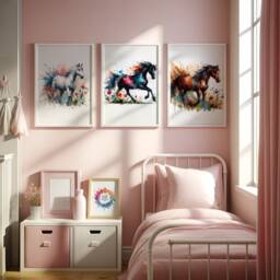 Girls Bedroom Horses Decor - Set Of 3 Horse Posters - Kids Pony Prints Room Wall Art Girl Nursery Playroom Artwork Print Gift - thumbnail 1