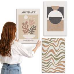 Canvas Art Set Of 3 - Shapes & Patterns in Subdued Colors, Beige Wall Art, Abstract Decor - thumbnail 3