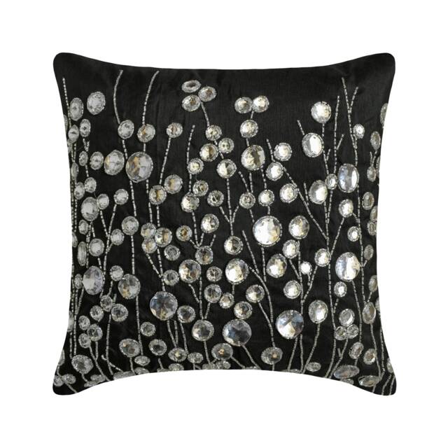 Decorative Black Silk Throw Pillow Cover 16x16 Inch Crystal Hand Embroidery Modern Couch Pillow, Luxe Home Decor - Garden - image 1