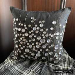 Decorative Black Silk Throw Pillow Cover 16x16 Inch Crystal Hand Embroidery Modern Couch Pillow, Luxe Home Decor - Garden - thumbnail 3