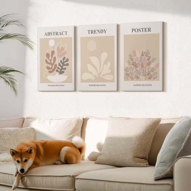 Canvas Set Of 3 Wall Art - Plant Motifs in Shades Beige & Brown Posters, Picture Print, Abstract Decor - image 1