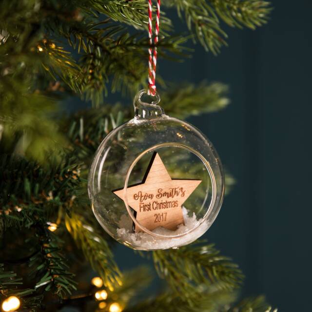 Christmas Star Personalised Cherry Wood Glass Bauble - image 1
