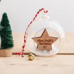 Christmas Star Personalised Cherry Wood Glass Bauble - thumbnail 3