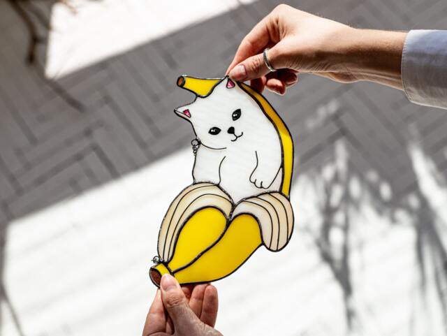Cat in Banana Stained Glass Suncather. Kitchen Decor, Funny Wall Sun Catcher, Nursery Window Hangings, Mother's Day Gift - image 1