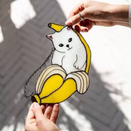 Cat in Banana Stained Glass Suncather. Kitchen Decor, Funny Wall Sun Catcher, Nursery Window Hangings, Mother's Day Gift - thumbnail 3