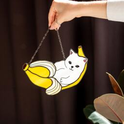 Cat in Banana Stained Glass Suncather. Kitchen Decor, Funny Wall Sun Catcher, Nursery Window Hangings, Mother's Day Gift - thumbnail 2