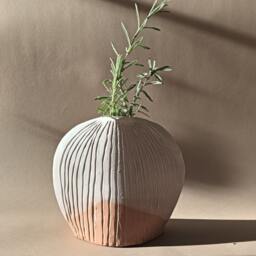 Sculpture Vase, Matte Cream Vase With Relief, Elegant Wabi Kusa Sculpture - thumbnail 1