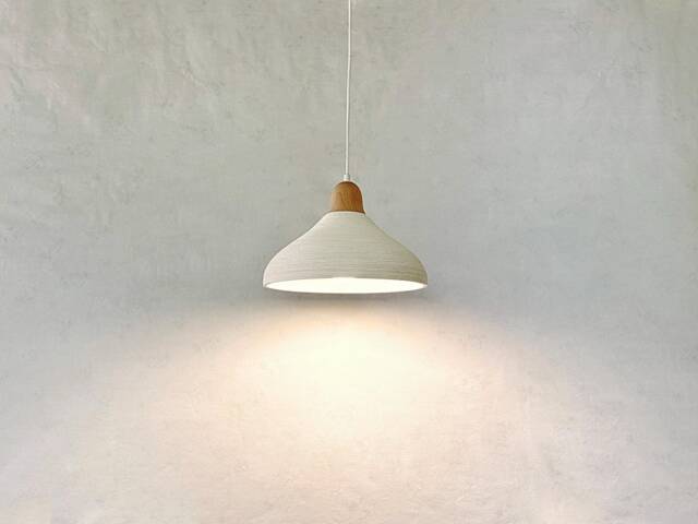 Handmade Ceramic Pendant Light Carved Texture, Wood Cap - image 1