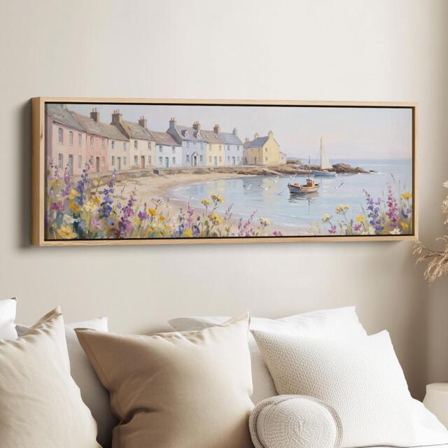 Pastel Seaside Village Horizontal Wall Art With Boats & Wildflowers For Coastal Interiors - image 1