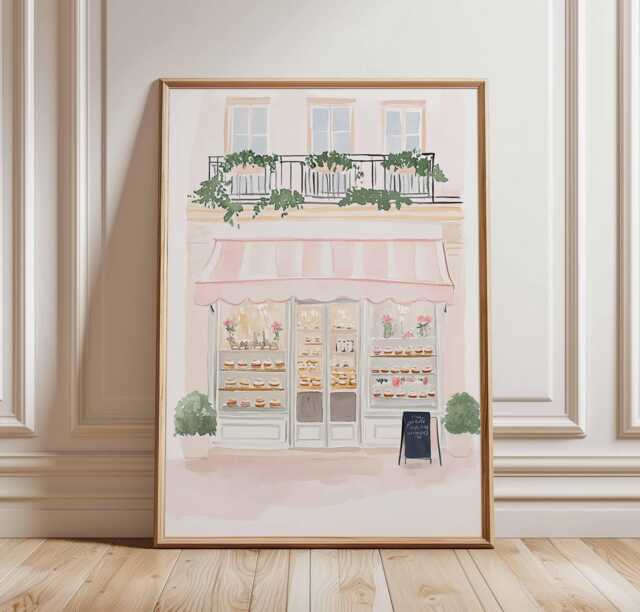 Paris Bakery Poster Print, French Patisserie Wall Art, Pastel Cafe Illustration, Pink Dessert Shop Decor, Whimsical Street Scene - image 1