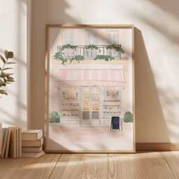 Paris Bakery Poster Print, French Patisserie Wall Art, Pastel Cafe Illustration, Pink Dessert Shop Decor, Whimsical Street Scene - thumbnail 3