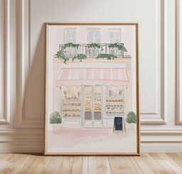 Paris Bakery Poster Print, French Patisserie Wall Art, Pastel Cafe Illustration, Pink Dessert Shop Decor, Whimsical Street Scene - thumbnail 1