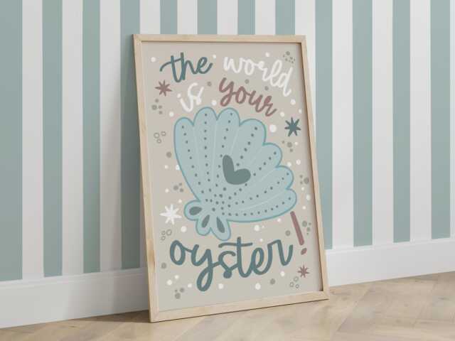 The World Is Your Oyster Print in Blue, Unframed Under The Sea Nursery Print, Boy Decor, Quote Ocean - image 1