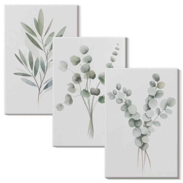 Canvas Wall Art Set Of 3 - Plant Patterns in Shades Green & Gray, Print, Plants Flowers Hanging Piece - image 1