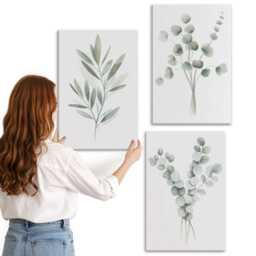 Canvas Wall Art Set Of 3 - Plant Patterns in Shades Green & Gray, Print, Plants Flowers Hanging Piece - thumbnail 2
